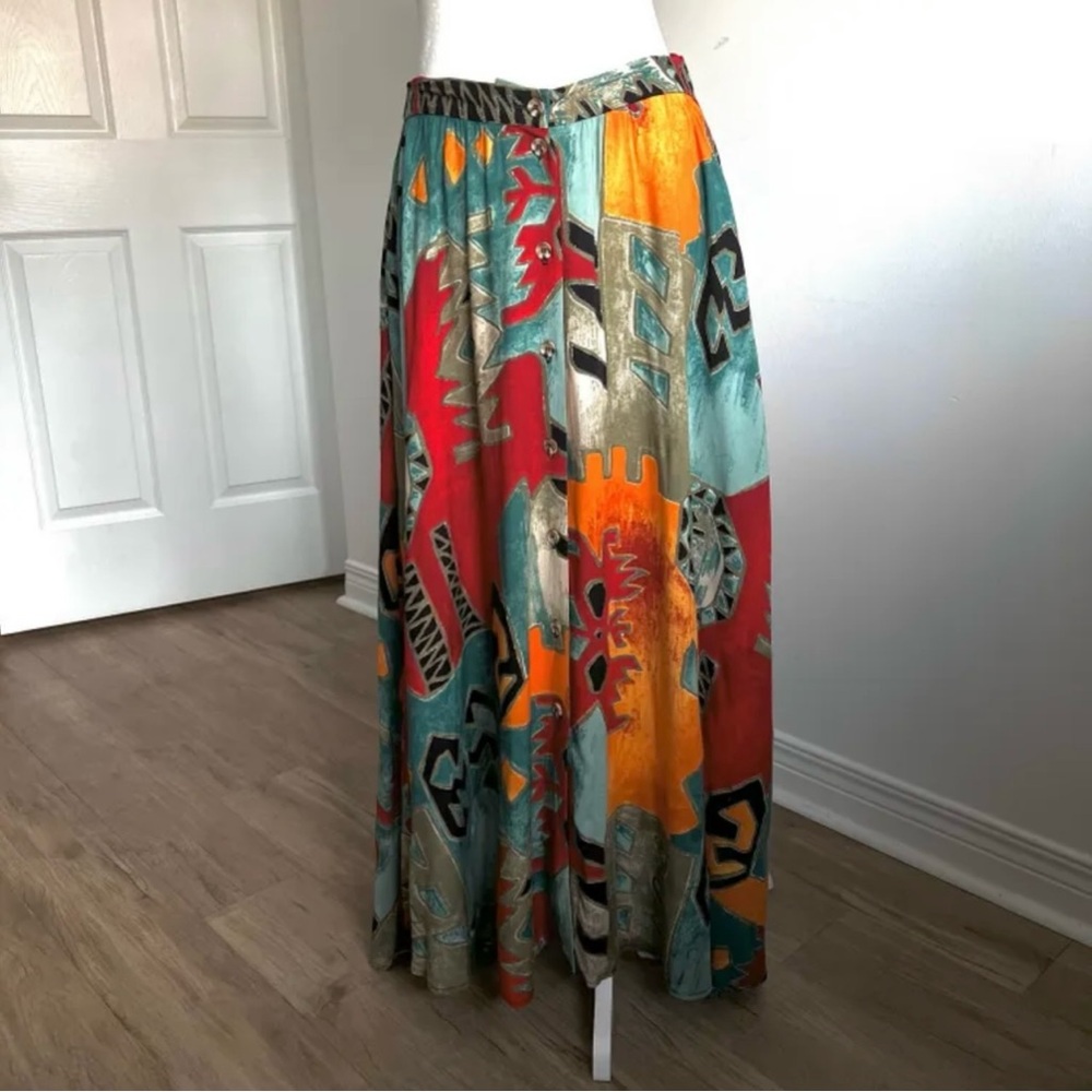 🇨🇦 Vintage 90s Abstract Art Midi Skirt – Teal Red Orange• Suttles & Seawinds - Picture 5 of 16